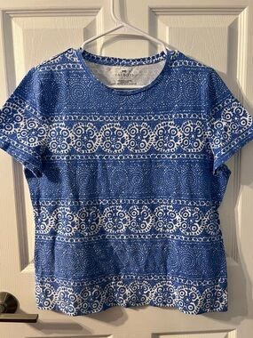 Talbots Blue & White Printed Short Sleeve Tee